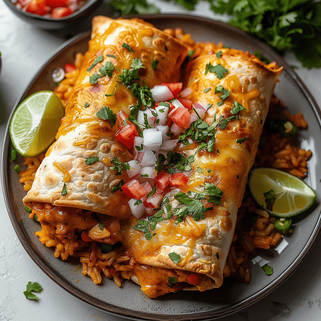chicken chimichangas on a plate with rice and salsa