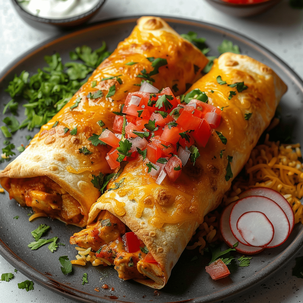 chicken chimichangas on a plate with rice and salsa