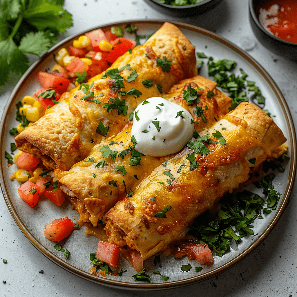 chicken chimichangas on a plate with rice and salsa
