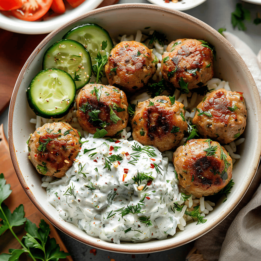 greek turkey meatballs with tzatzziki on a white plate and in the background
