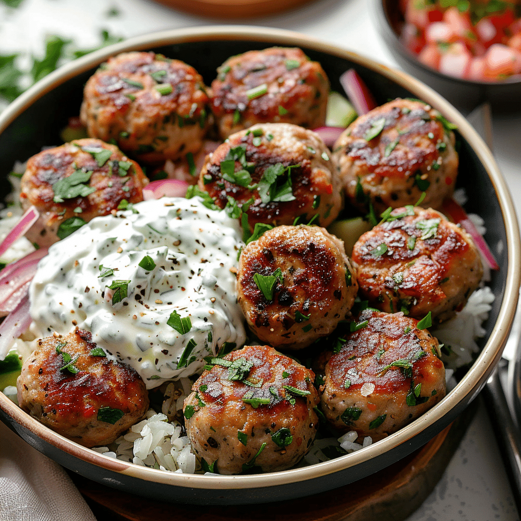 greek turkey meatballs with tzatzziki on a white plate and in the background