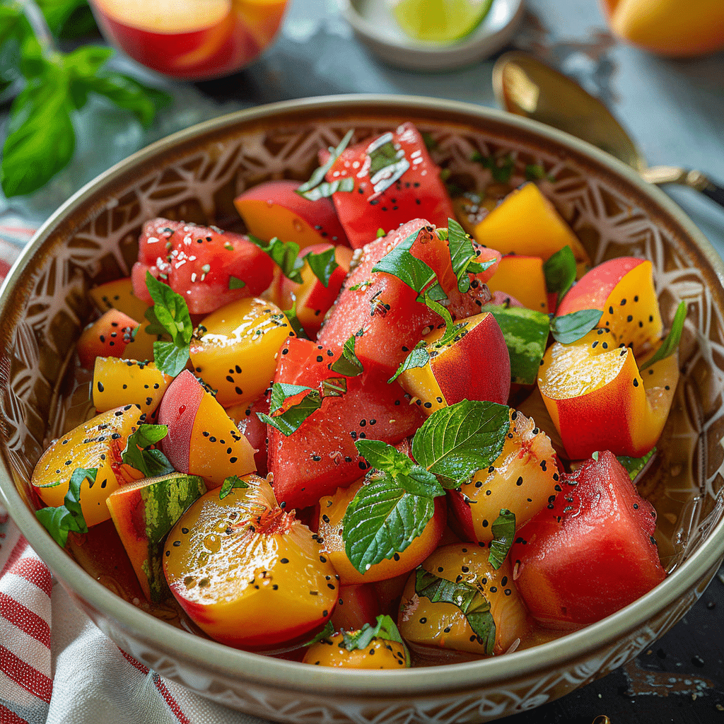 watermelon salad with mint and feta cheese in a white bowl on the side