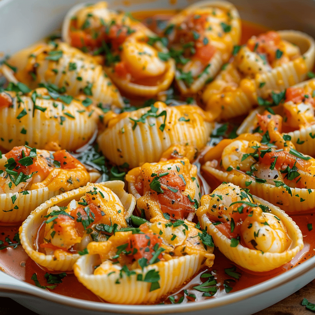 creamy seafood stuffed shells are served on a plate with parsley sprinkled cheese