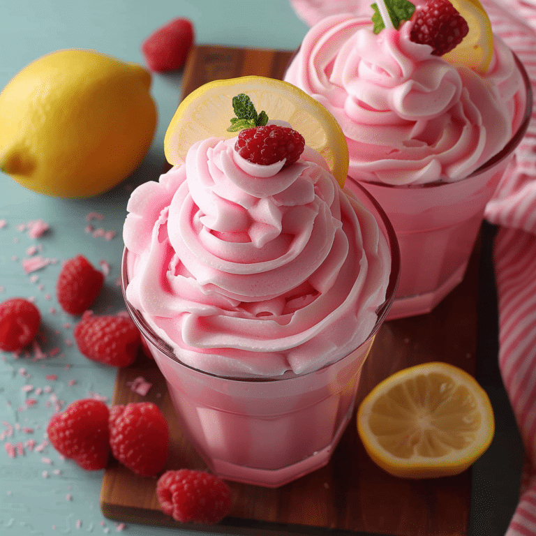 two glasses filled with whipped pink lemonade