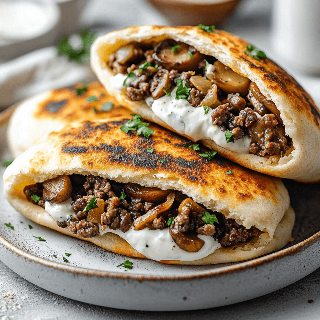 Cheesy Beef and Mushroom Pita Pockets