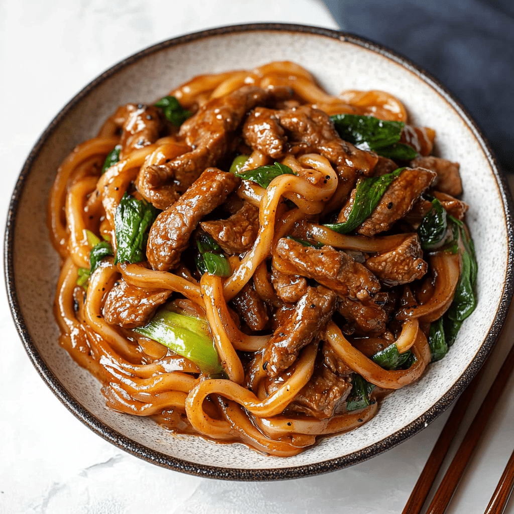 Black pepper beef udon noodles