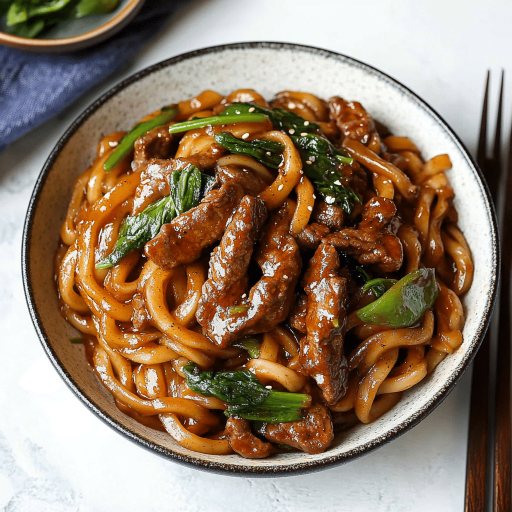 Black pepper beef udon noodles