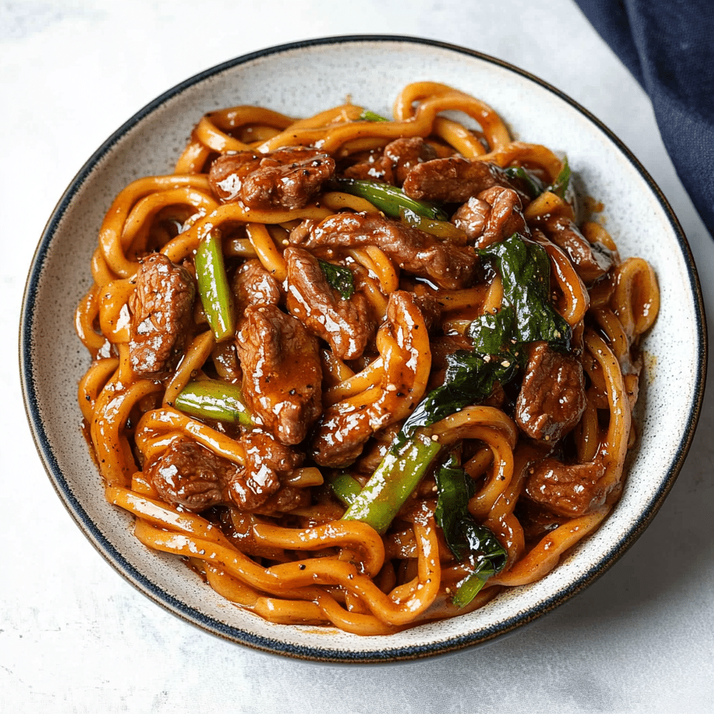 Black pepper beef udon noodles