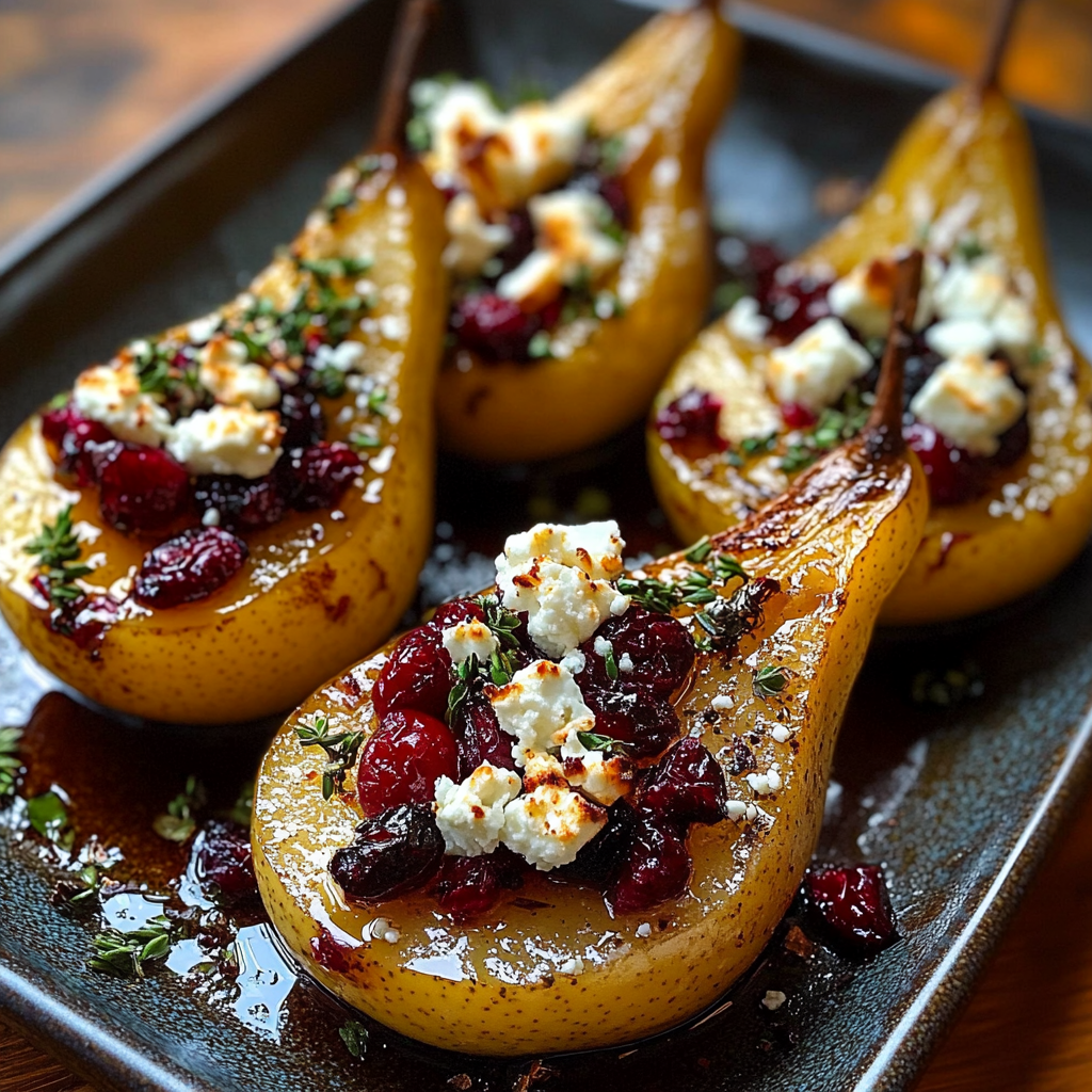 Baked Pears with Feta Honey Cranberries