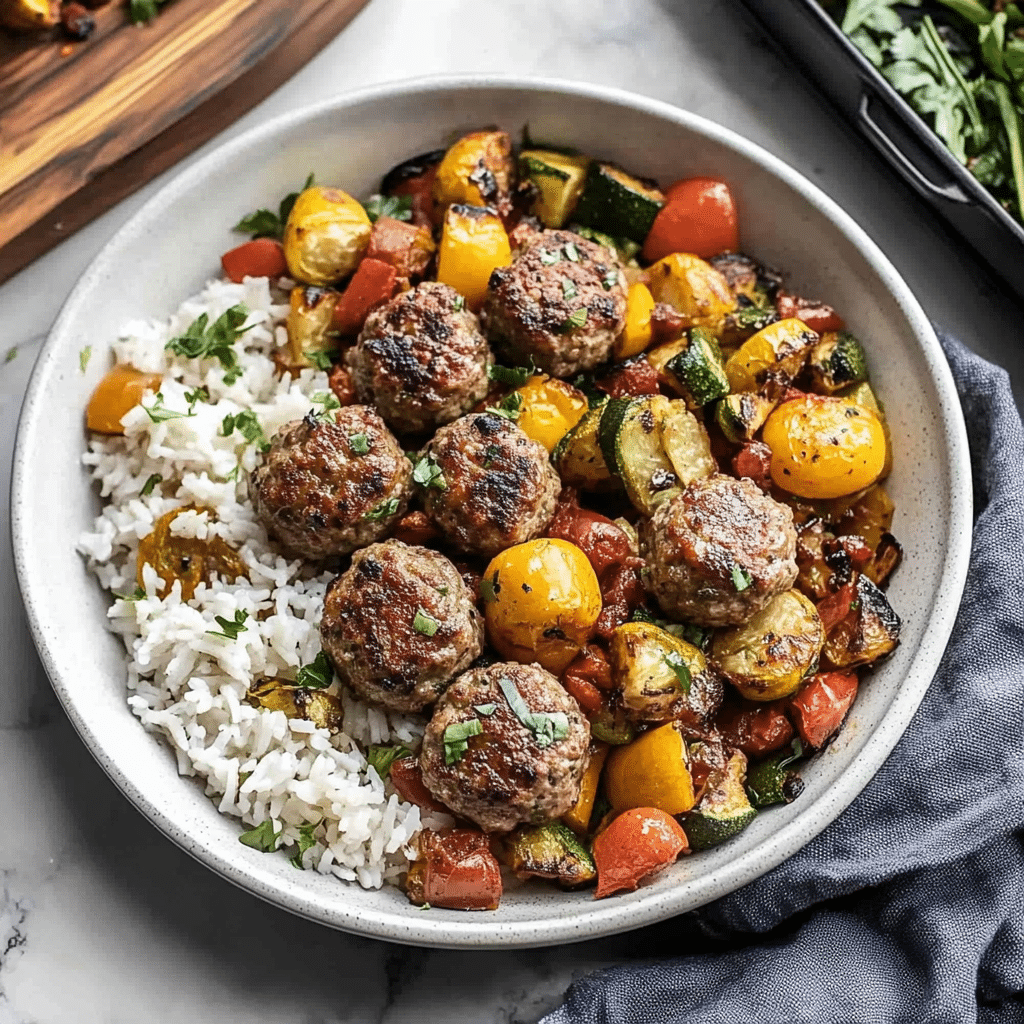 Juicy Meatballs with Rice & Roasted Veggies Bowl