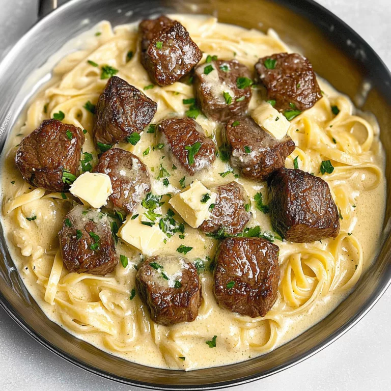 Steak Bites with Garlic Butter Alfredo Pasta
